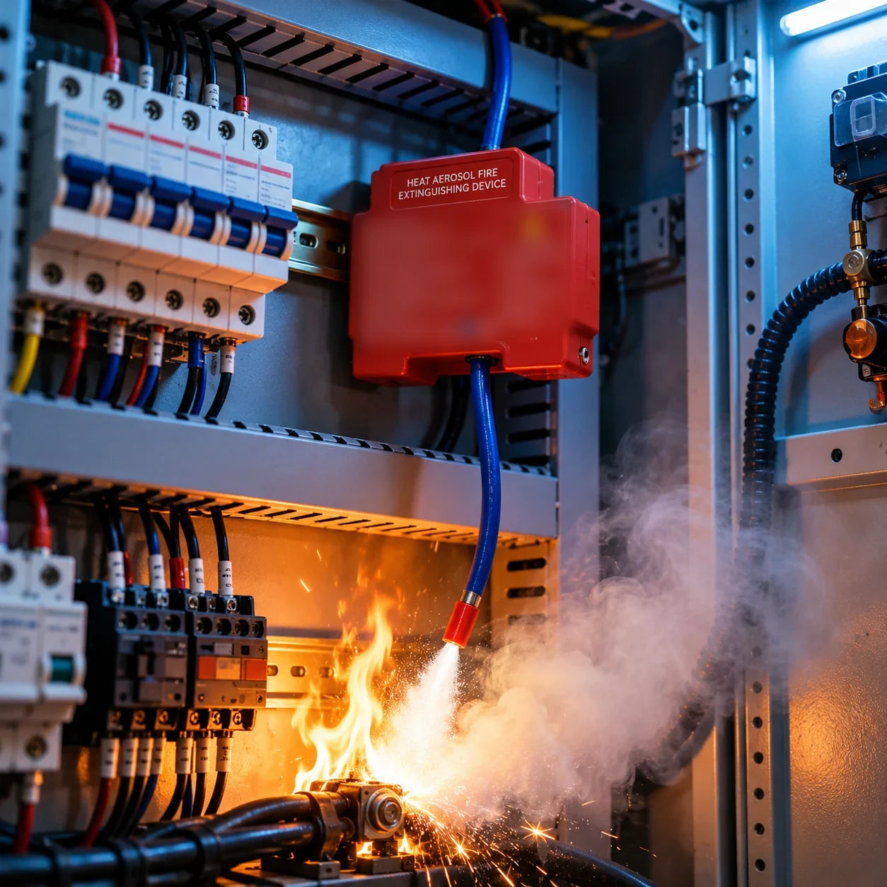 Elektrik panosu içine yerleştirilmiş otomatik aerosol yangın söndürücü (temsili)